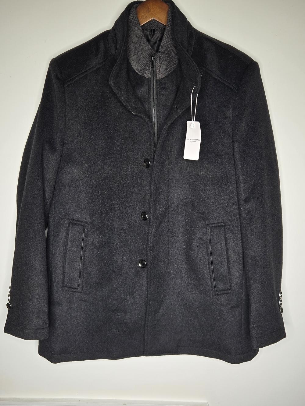 NWT The Manhattan Wool Blend Men's Full Zip Button Car Coat Jacket Black L
